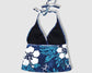 Two Piece Tying Halter Top Tankini Set - Speckled Blue and Light Blue Leaves with White Hibiscus/Gecko Pattern with Navy Blue Shorts