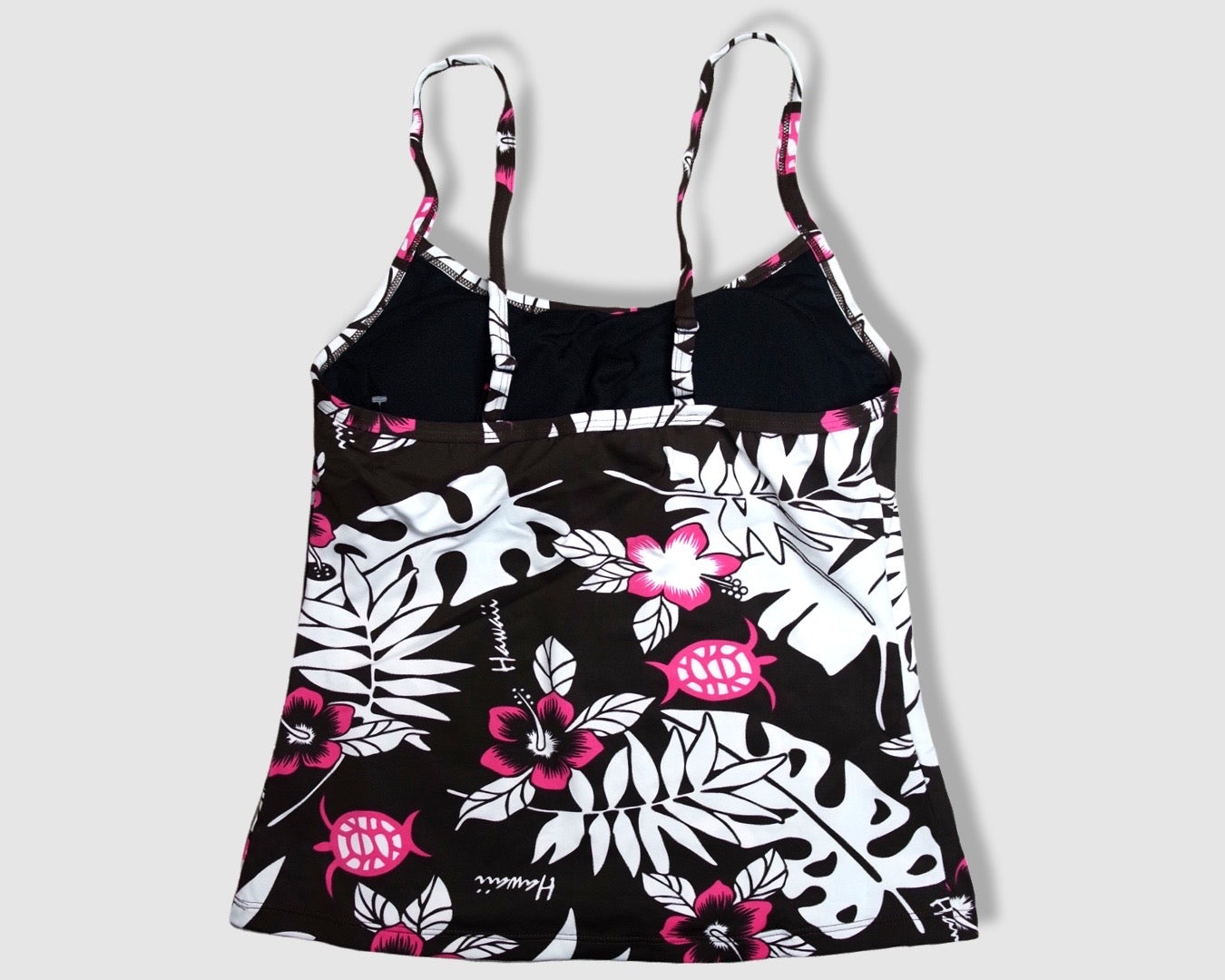 Two Piece Cami Tankini Set - Brown with Pink Hibiscus/White Leaves Pattern with Brown Shorts