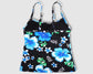 Two Piece Cami Tankini Set - Black With Blue Hibiscus Pattern with Black Shorts