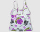 Two Piece Cami Tankini Set - White with Purple Hibiscus/Turtle/Gecko and Black/Green Tropical Leaves Pattern, with Black Shorts