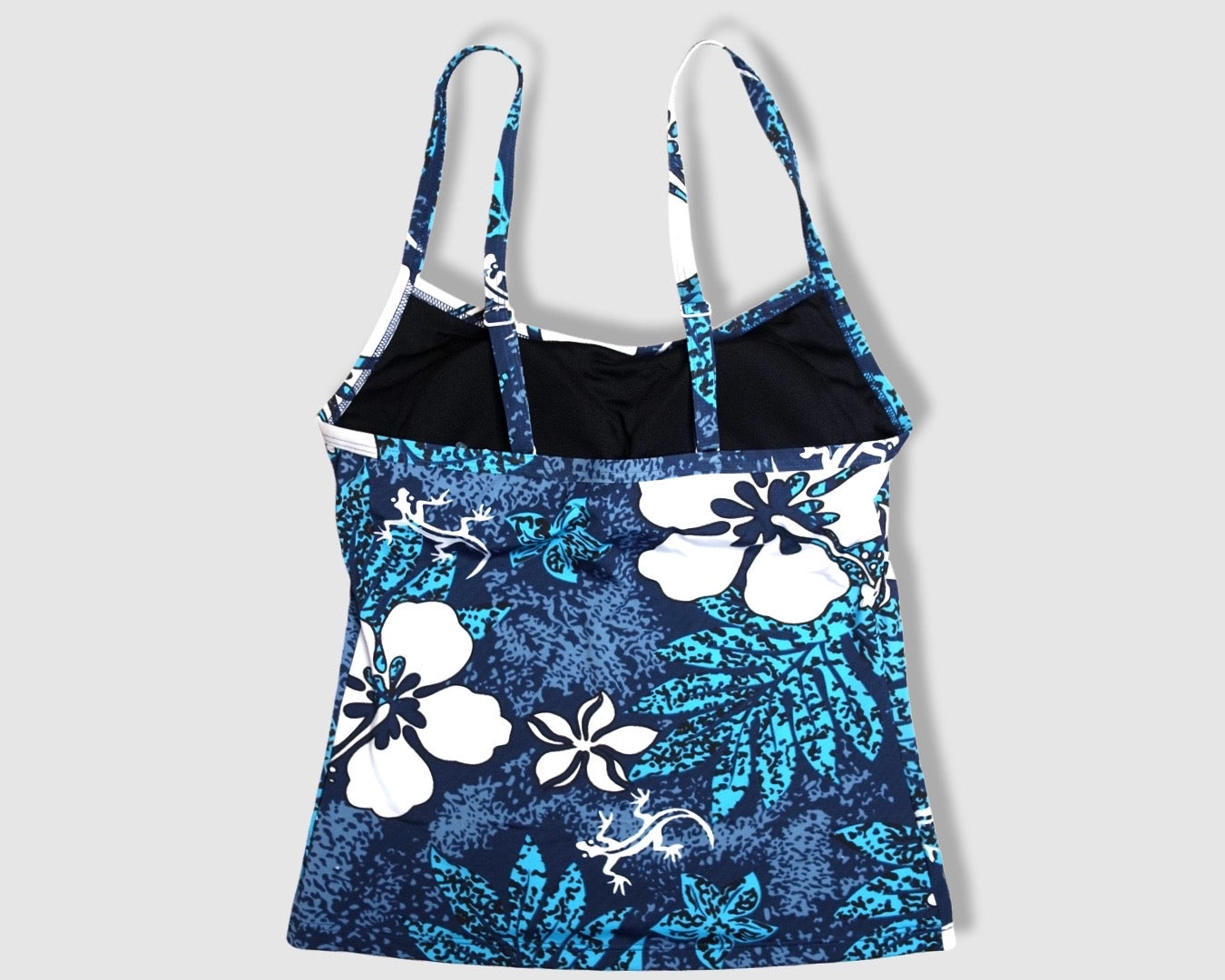 Two Piece Cami Tankini Set - Speckled Blue and Light Blue Leaves with White Hibiscus/Gecko Pattern with Navy Blue Shorts