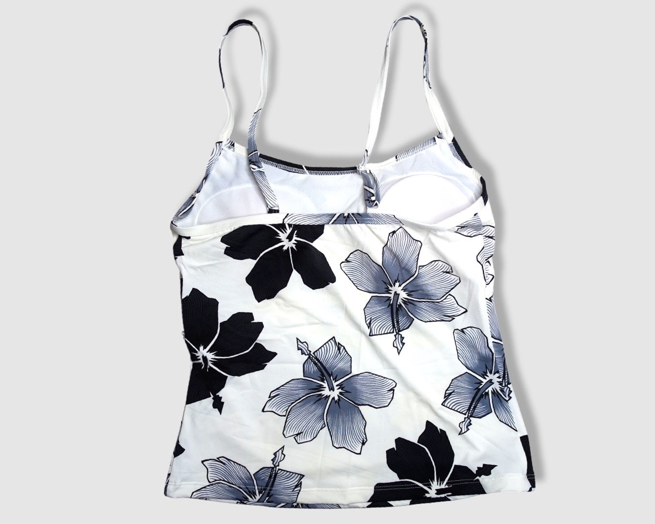 Two Piece Cami Tankini Set - White and Black Hibiscus Floral Pattern, with Black Shorts