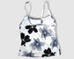 Two Piece Cami Tankini Set - White and Black Hibiscus Floral Pattern, with Black Shorts