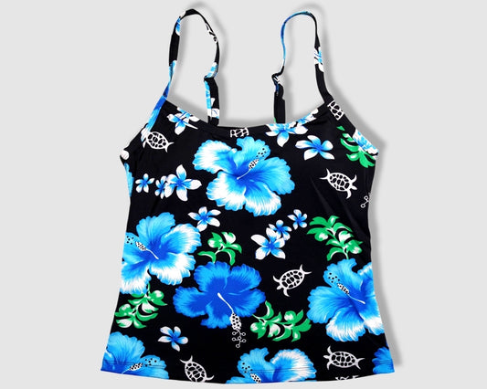 Two Piece Cami Tankini Set - Black With Blue Hibiscus Pattern with Black Shorts