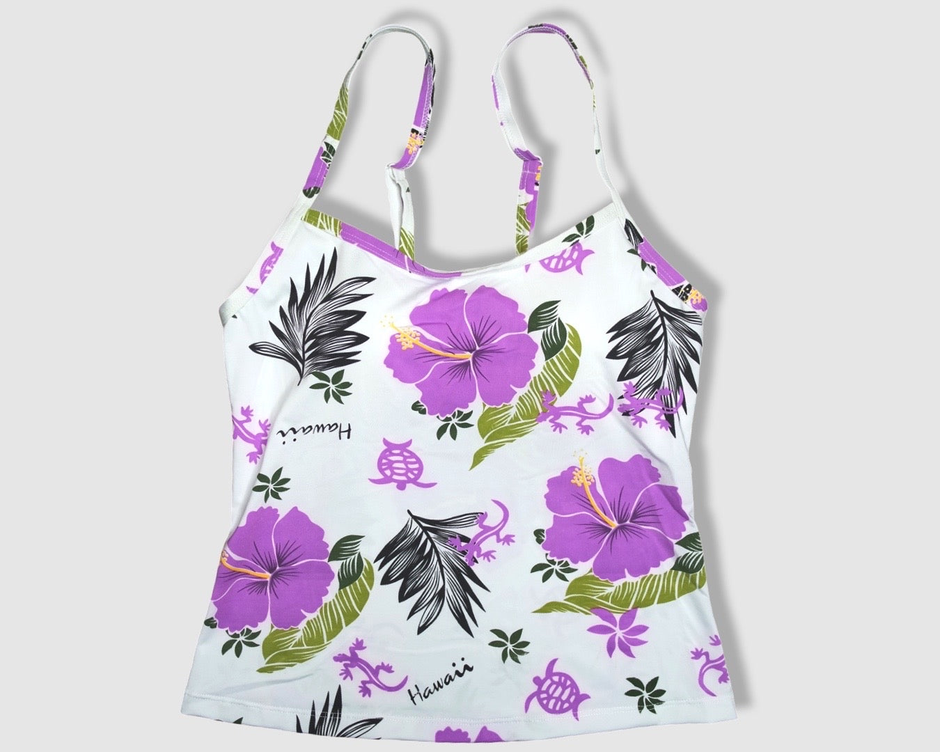 Two Piece Cami Tankini Set - White with Purple Hibiscus/Turtle/Gecko and Black/Green Tropical Leaves Pattern, with Black Shorts