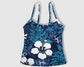 Two Piece Cami Tankini Set - Speckled Blue and Light Blue Leaves with White Hibiscus/Gecko Pattern with Navy Blue Shorts