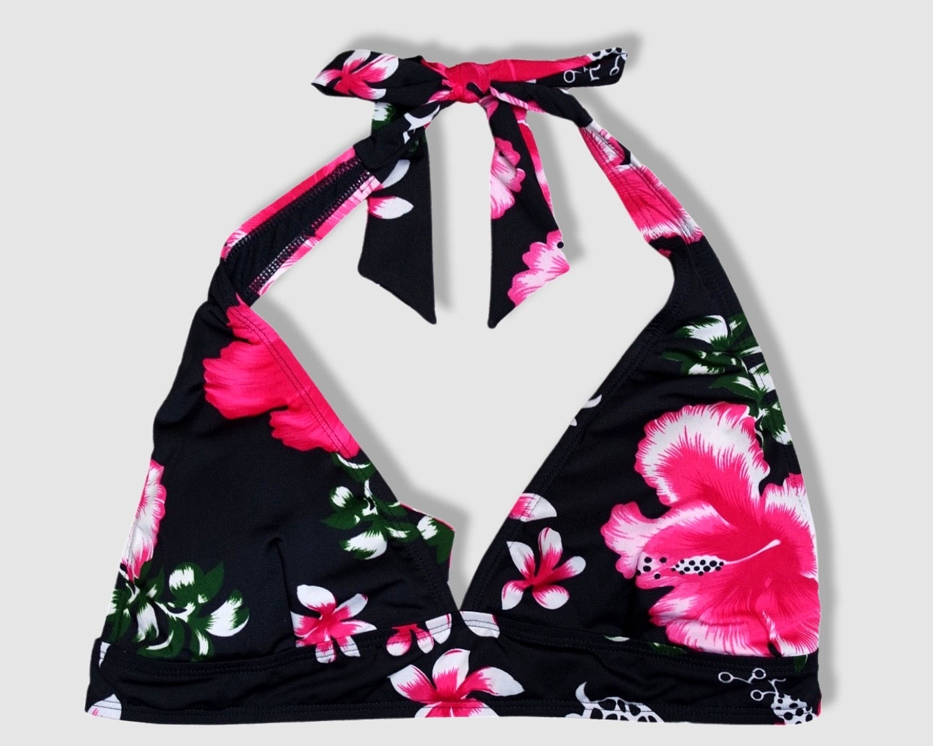 Tying Bikini Halter Top - Black with Pink Hibiscus/Plumeria Pattern