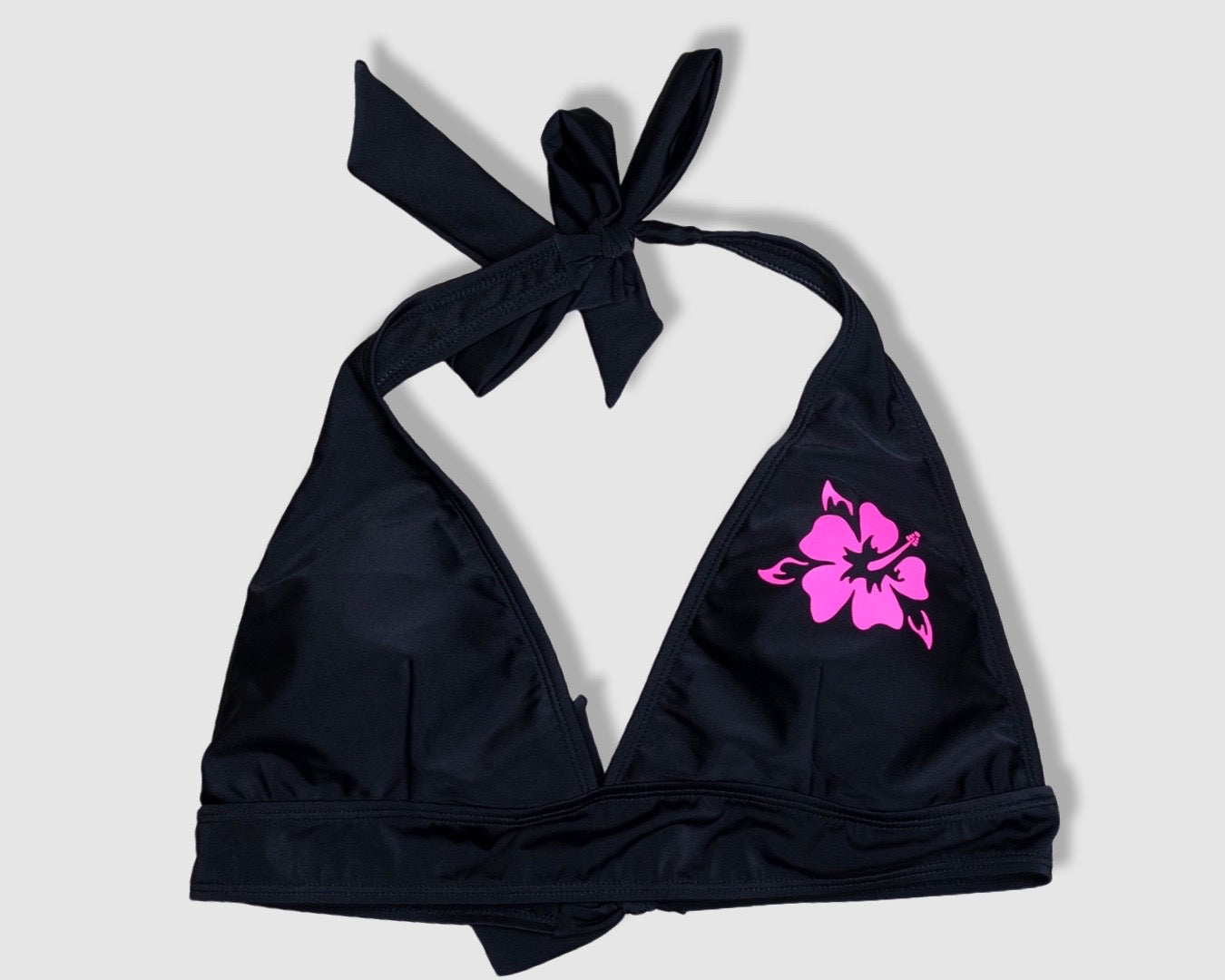 Tying Bikini Halter Top - Black With Pink Hibiscus