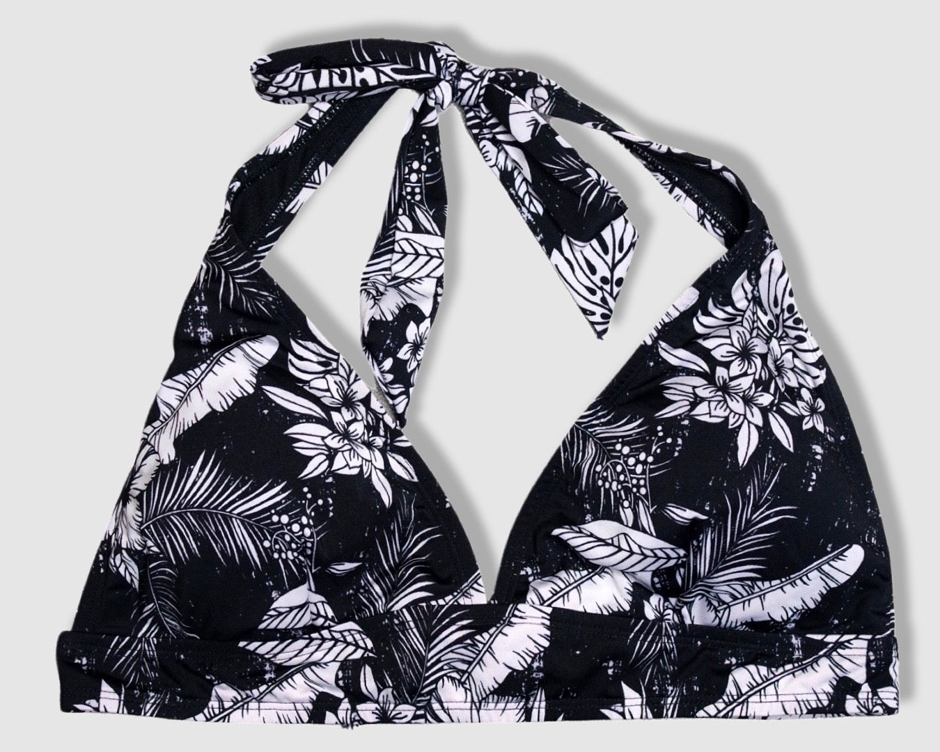 Tying Bikini Halter Top - Black with White Leaves Pattern