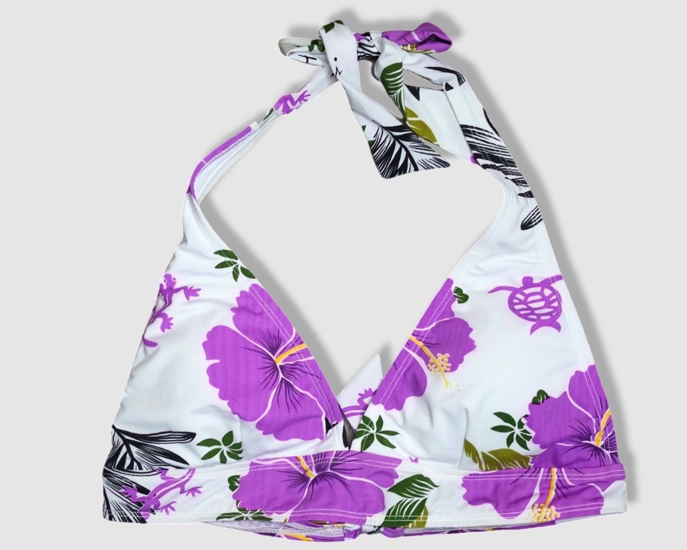 Tying Bikini Halter Top - White with Purple Hibiscus/Turtle/Gecko and Black/Green Tropical Leaves Pattern