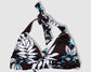 Tying Bikini Halter Top - Brown With Light Blue Hibiscus and White Leaves Pattern