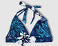 Tying Bikini Halter Top - Speckled Blue and Light Blue Leaves with White Hibiscus/Gecko Pattern