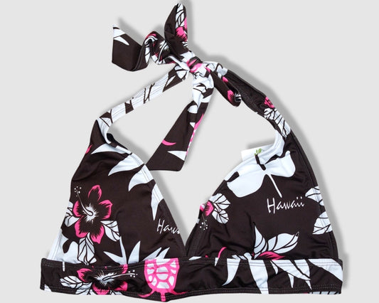 Tying Bikini Halter Top - Brown with Pink Hibiscus/White Leaves Pattern