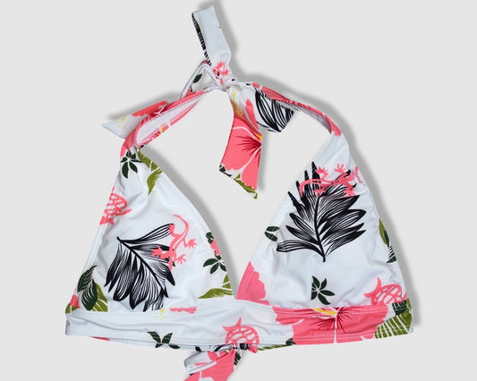 Tying Bikini Halter Top - White With Pink Hibiscus/Gecko/Turtle and Black/Green Leaves Pattern