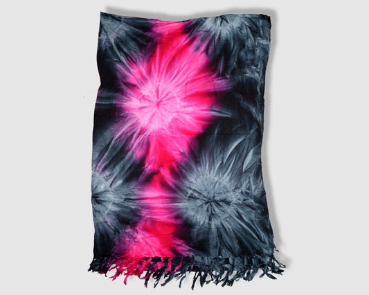 Tasseled Sarong - Burst Pink/Gray/Black Tie Dye