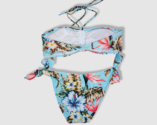 Two Piece Fashion Bikini Set - Blue with Multicolor Floral