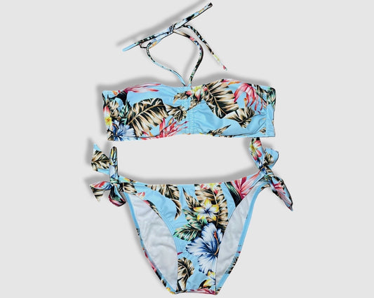 Two Piece Fashion Bikini Set - Blue with Multicolor Floral