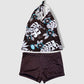 Two Piece Tying Halter Top Tankini Set -  Brown with Blue Hibiscus/Turtle and White Leaves Pattern, with Brown Shorts