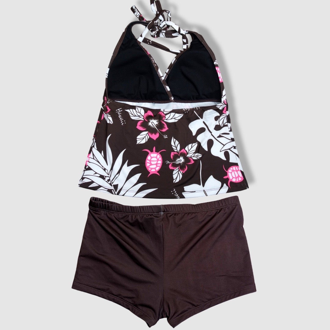 Two Piece Tying Halter Top Tankini Set - Brown with Pink Hibiscus/White Leaves Pattern with Brown Shorts