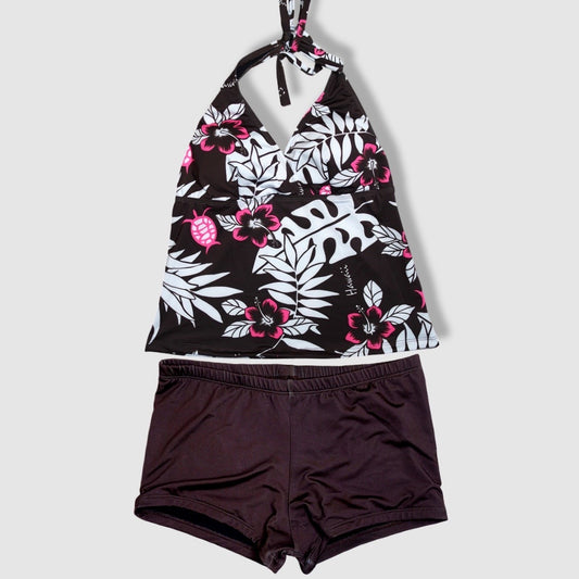 Two Piece Tying Halter Top Tankini Set - Brown with Pink Hibiscus/White Leaves Pattern with Brown Shorts