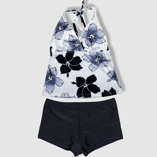 Two Piece Tying Halter Top Tankini Set - Black and White Hibiscus with Black Shorts