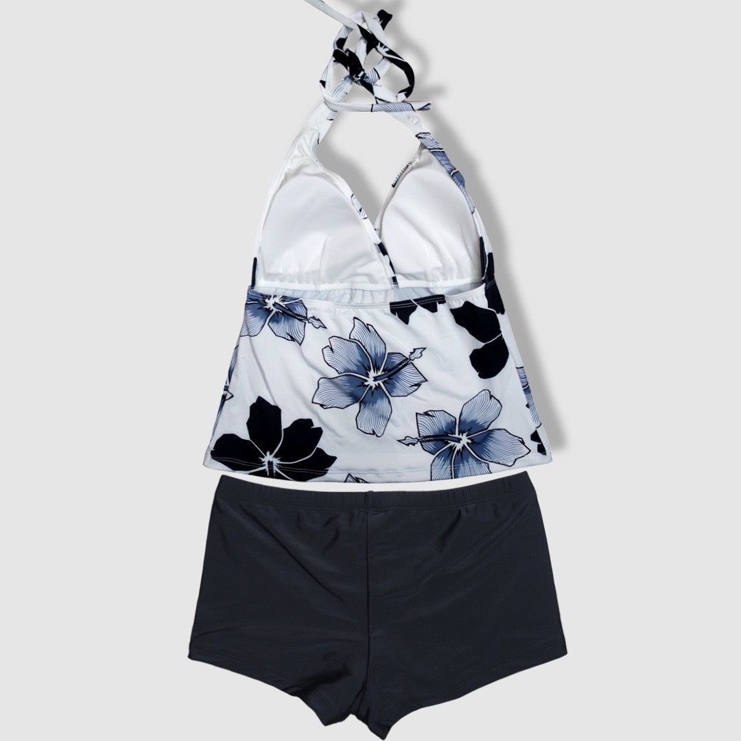 Two Piece Tying Halter Top Tankini Set - Black and White Hibiscus with Black Shorts