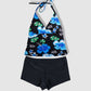 Two Piece Tying Halter Top Tankini Set - Black With Blue Hibiscus Pattern with Black Shorts