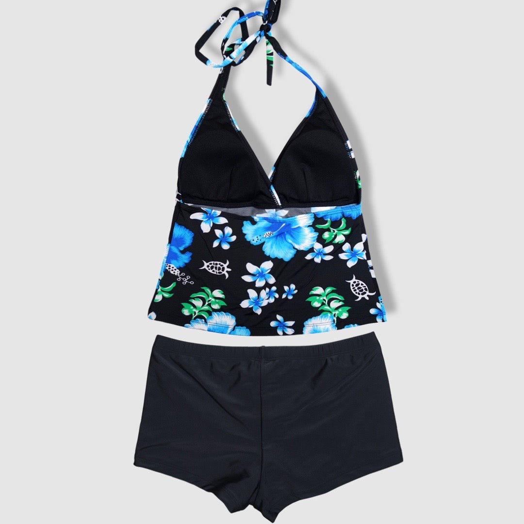 Two Piece Tying Halter Top Tankini Set - Black With Blue Hibiscus Pattern with Black Shorts