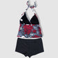 Two Piece Tying Halter Top Tankini Set - Speckled Gray with White Hibiscus/Plumeria and Gecko, Red Leaves Pattern, with Black Shorts