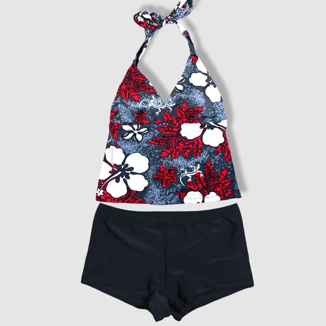 Two Piece Tying Halter Top Tankini Set - Speckled Gray with White Hibiscus/Plumeria and Gecko, Red Leaves Pattern, with Black Shorts